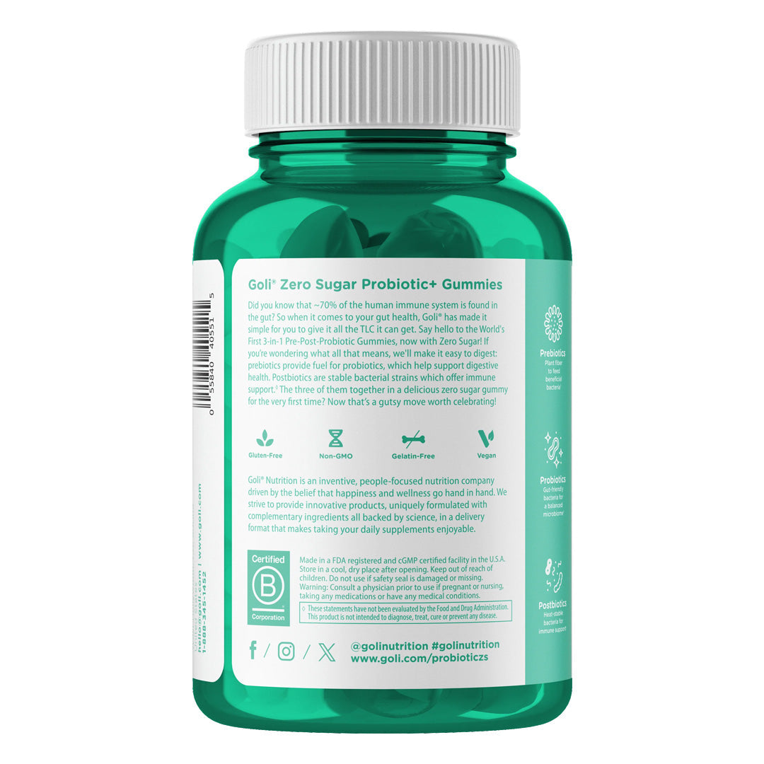 Goli Nutrition Pre+Post+Probiotics Zero Sugar Gummies, 60 Gummies